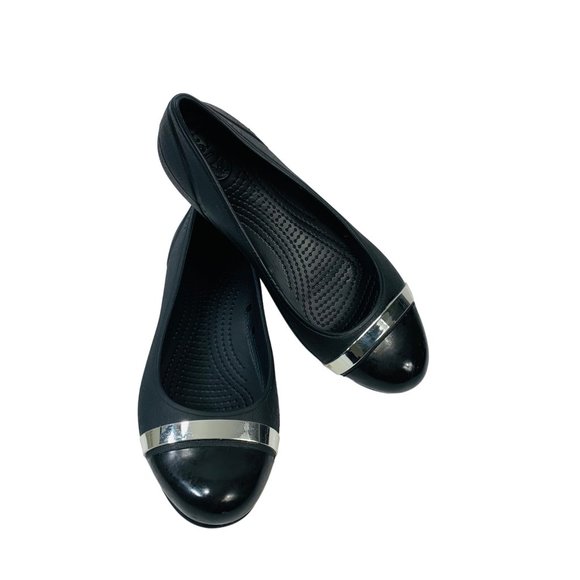 Crocs Slip On Ballet Flats Shoes Size 8 Matte Black Mirror Cap Toe Comfort - Picture 11 of 12